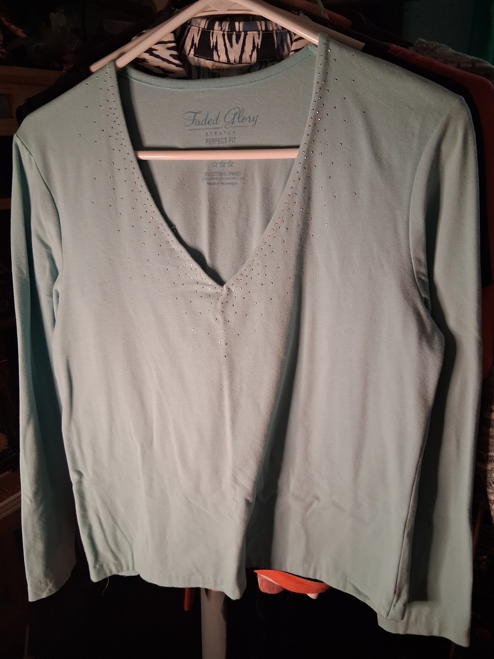 Faded Glory Women's Mint V-Neck Long Sleeve Top with Embellishment